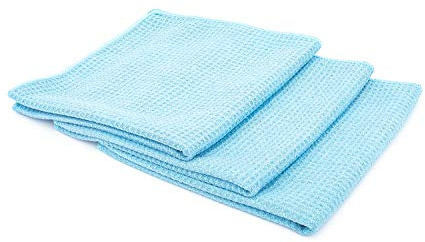 The Rag Company - Standard Waffle Weave Towels, Microfiber Detailing, Window/Glass and Drying, Wax & Polish, Lint-Free, Streak-Free, 370gsm, 16in x 16in, Light Blue (3-Pack)