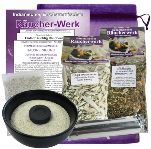 HAUSREINIGUNG & SCHUTZRÄUCHERUNG räuchern 8-TLG Räucherset zum Negative Energie ausräuchern. Schamanische Räuchermischung, weißer Salbei, Räucherschale, Kohle, ZUBEHÖR, Anleitung. 81169-S
