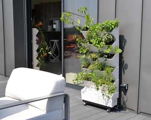 Jardibric - Jardín Vertical de Huerto - 20 Compartimentos de 10x10x13 con Gotero y Bomba Programable Integrada - Uso Interior y Exterior - Cultiva con Elegancia y Simplicidad