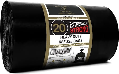 Haya Home 60 μm 120L 20 Extremely Strong Heavy Duty Black Bin Bags Bin Liners Refuse Sacks Waste Dustbin Bags Rubble Sack Industrial Commercial Builders Kitchen Home Office DIY Garden 100% Recycled