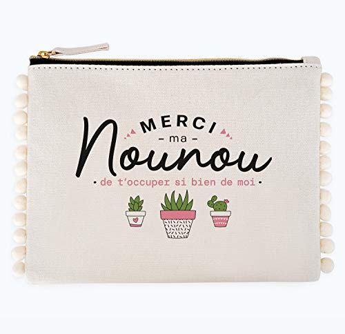 Manahia - Pochette Nounou Merci de t'occuper de Moi - Cadeau Fin Année | Trousse pompons bohème - 100% coton 21*16cm - Cadeau original nounou, assistante maternelle - Fin contrat, vacances, Noël