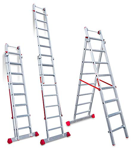 Faraone - Escalera Multiuso EN 1408 - Escalera 2 Tramos - 7+8 Peldaños - 252x56x19cm - Peldaños Cómodos - Aluminio - Ligera y Fácil de Manejar - Antideslizantes