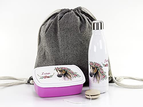 GRAZDesign Coffret cadeau fille, sac de sport, lunch box + gourde isotherme, personnalisé avec prénom, cheval, motif fleur, idée cadeau pour rentrée scolaire, yo-yo, rentrée