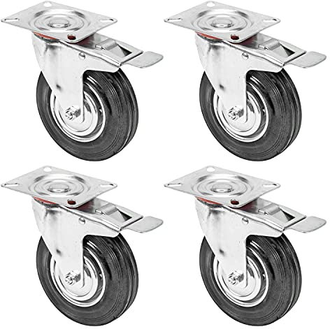 HMF 6790 - Ruote per carichi pesanti in poliuretano con freno, 4 pezzi da 125 mm, capacità fino a 400 kg, colore nero