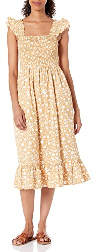 The Drop, abito longuette Kimi da donna, con spalline arricciate e corpetto a punto smock, color zenzero con stampa floreale, L