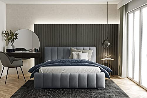 WFL GROUP Samtstoff Polsterbett Doppelbett Komplett 140x200 160x200 180x200 cm Grau Bettgestell Mit Bettkasten Lattenrost und Kopfteil - Hydrophobe Stoff - Dunkelgrau - 140 x 200 cm