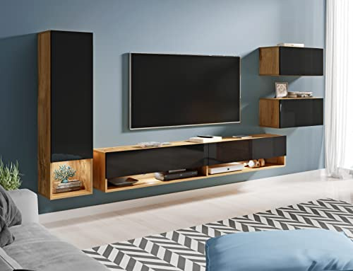 PIASKI Conjunto de Muebles de salón Amadeo, iluminación LED Opcional, Juego de Muebles de salón, Distintos Colores, Mueble Colgantes (Wotan/Negro Brillo, Sin iluminación LED)