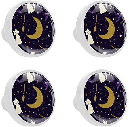 WALLDOR 4 Pcs White Cat Witch Hat Broom and Moon Crystal Glass Drawer Knob Pull Handle Ergonomic Furniture Cabinet Handle for Kitchen Dresser Cupboard Wardrobe