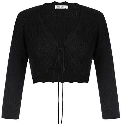 GRACE KARIN Damen 3/4 Ärmel Leichter Open Front Strickjacke Bolero Cropped Cardigan Kurz Shrug Bolero für Kleider Tops M Schwarz