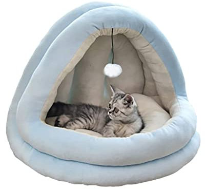 Katzenbett Hundebett Haustierbett Weiches Samt-Katzen-Iglu-Bett, Katzenbett, Katzenhöhle, Haustierbett für Katzen/Kätzchen/kleine Hunde, bequemes Katzensofa mit abnehmbarem Hundesofa Hundematte ( Blue