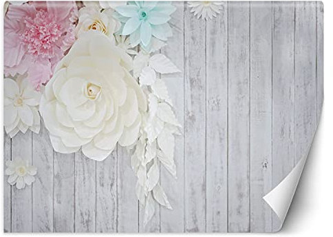 Papier peint de luxe Rustique Shabby Chic 350x245 cm XXL Moderne Décoration Murale Muraux Tapisserie Salon Chambre à coucher Bureau Couloir Hôtel Spa Design Imitation Bois Fleurs gris