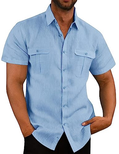 VUIOYRG Stretch Short Sleeve Shirt with Pockets,Men's Summer Cotton Button Down Casual Shirts,Plain Regular Fit Casual Business Shirt, Lightweight Beach Tops (Light Blue,3XL)