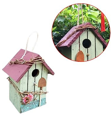 Toddmomy Wooden Bird House Hanging Pendant Rustic Garden Outdoor Decoration with Red Roof, Wooden Adornment Pendant for Birdcage Accessories and Garden Nesting, Rural Hanging Bird House
