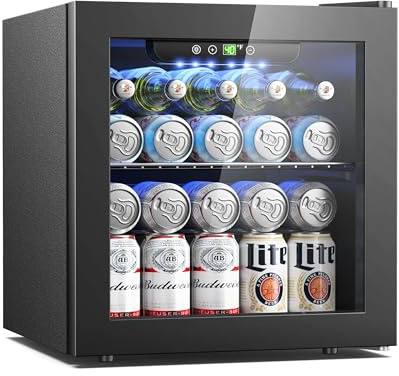 Feelfunn 50 Can Beverage Refrigerator Cooler - 1.3 Cu.Ft Mini Fridge with Glass Door, Soda Beer Drink Wine Fridge, Countertop Small Refrigerator for Bedroom Office Home Dorm Bar, Black