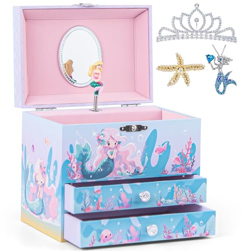 Meerjungfrau-Schmuck-Aufbewahrungsbox mit drehendem Meerjungfrauen-Thema, Mädchen-Schmuckschatulle mit Schmuckset, große Spieluhr für kleine Mädchen, Tochter, Enkelin, über die Wellen