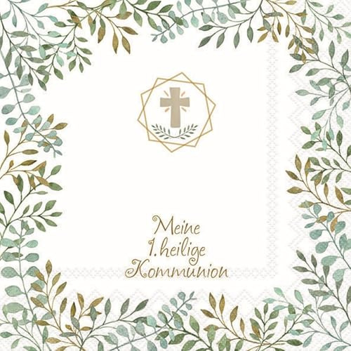 Servietten Meine 1. HEILIGE Kommunion mit Kreuz & Botanical Eukalyptus Ranke weiß & grün Tisch-Deko Kommunion für Mädchen & Jungen 60 Servietten