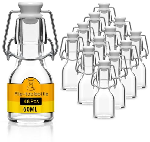 Flaschen-Fuchs Set di 48 Bottiglie in Vetro da 60ml con Chiusura Ermetica - Bottiglia per Olio, Vino, Liquori, Acqua, Birra, Succhi di Frutta, Conserve e Latte - Bottigliette di Vetro piccole