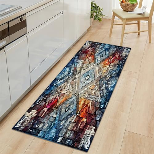 Läufer Teppich Lang Flur rutschfest Waschbar Teppich Bunt, 60x180cm Küchen Teppich Microfiber Dauerhaft, Schlafzimmer Abstraktes Geometrisches Muster Carpet, für Esszimmer Flur