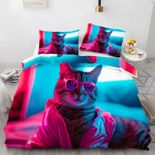 BettwäSche 220x240 Katze Bettbezug mit 2 Kissenbezug 80x80 cm Weiche und Angenehme 120g Mikrofaser Bettwaren Bar Bettwäsche-Sets 3-Teilig mit Reißverschluss für EinzelbettDoppelbett