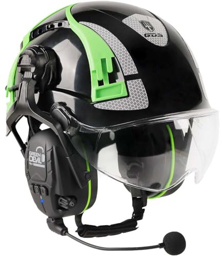 GREEN DEVIL X-Armor Protective Headphones with Active Hearing Protection and Clear Visor Safety Helmet ABS EN 397 EN352 Compliant SNR 32dB with Bluetooth (Black)