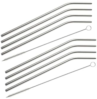 Fackelmann 9911250 Lot de 8 pailles incurvées en inox avec goupillons, pailles en inox incurvées, pailles réutilisables, pailles et goupillon de nettoyage, Acier inoxydable, Nylon, Argenté, 24 cm | Boisson sans plastique, Lot de 8 pour apéritif, Inox 24 cm, Nettoyage au goupillon, Passe au lave vaisselle