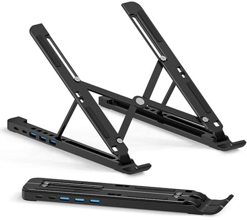 H.May Laptop Stand with Docking Station,4-in-1 Laptop,Notebook Stand with 3xUSB 3.0(5Gbps) and 2 USB-C,Type-c High Speed Transmission，6 Levels Adjustable for 10-17 inch Tablets,Laptops