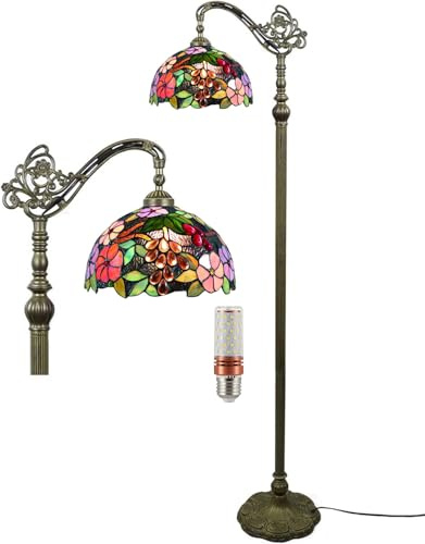 Five liters Tiffany Style 12 Inch Vintage Grapes Floor Lamp Stained Glass Crystal Bead Lampshade Antique Lighting Living Room Lamps - Down Light,64“ Height，with Light Bulb