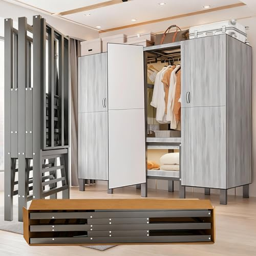 SPTZQURY Tragbarer Kleiderschrank mit Stoffbezug, Stoffschrank mit Kleiderstange und Rollen, Faltbarer Kleiderschrank zum Aufhängen von Kleidung, Max 907kg, für Schlafzimmer, Wohnzimmer (Grey, 180cm)