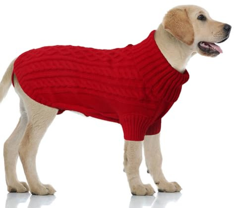 LiebeDD Weihnachtspullover Hund Hundepullover Grosse Hunde - Kuschelig Hundepulli mit Geschirrloch, Rollkragen Strick Pullover Hund Pullis für Labrador, Warm Dog Sweater (Rot XL)