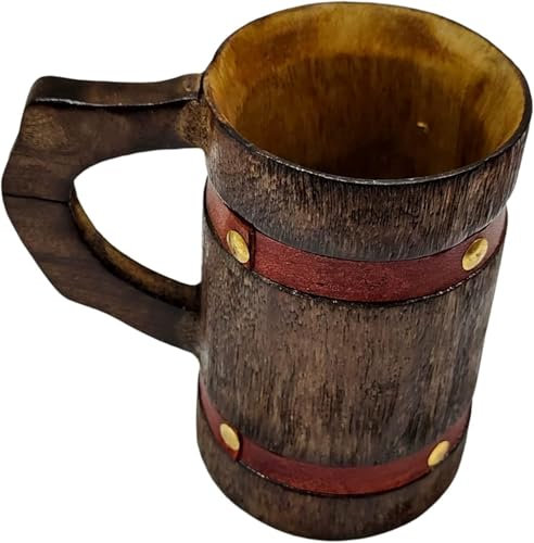 NAVIROCK Chope à bière en bois rustique faite à la main avec sangle en cuir tricoté, fabriquée en véritable bois de manguier respectueux de l'environnement