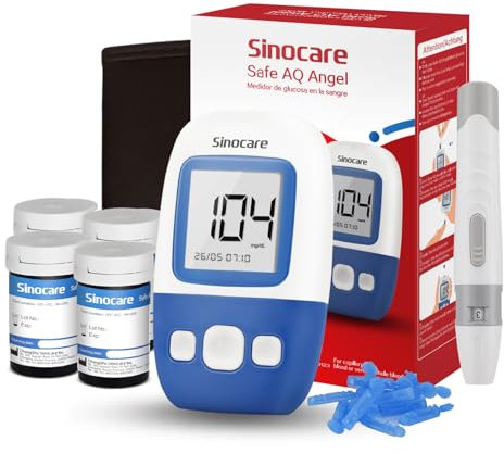 Sinocare Medidor Glucosa en Sangre, Glucómetro,100 x Tiras Prueba Glucosa en Sangre y Dispositivo Punción - mg/dL（Safe AQ Angel）