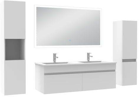 AICA Ensemble Meuble Salle de Bain 120cm Double Vasque avec Colonne + Miroir Lumineux dimmable Blanc