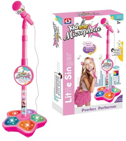 Lotvic Kinder-Mikrofon und Ständer, Kinder-Karaoke-Maschinen für Mädchen, Kinder-Karaoke-Maschine mit Lichtpedal, verstellbarer Mikrofonständer für Kinder, Mädchen, Party, Zeitvertreib (Rosa)