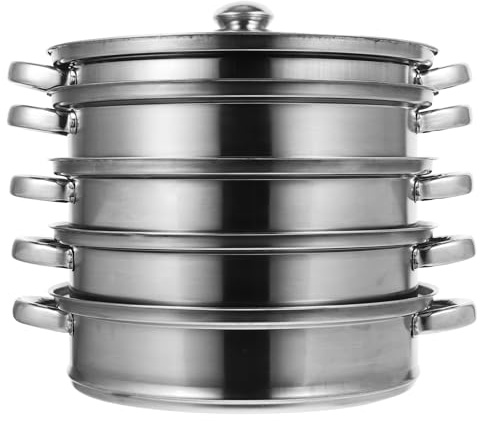 HOLIDYOYO Olla de Vapor de Acero Inoxidable de 11 Pulgadas/28 Cm de Fondo Grueso de Alimentos de 5 Niveles para Cocinar Olla de Vapor de Metal Trabajo para Inducción Y
