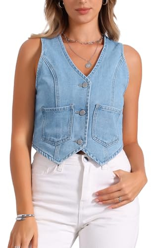 Allegra K Donna Gilet In Denim Con Scollo A V, Senza Maniche, Abbottonato, Jeans, Estivo, Corto Azzurro XS