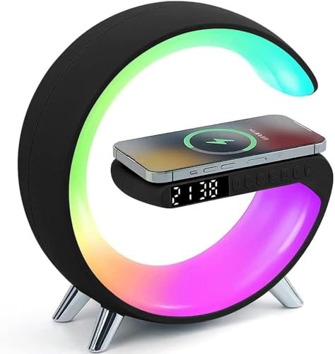 UENERGY 4 in 1 caricabatterie wireless lampada notturna | Altoparlante Bluetooth sveglia | Ricarica rapida 15 W | Casa Ufficio Studio Comodino Lampada di ricarica wireless per iPhone Samsung Huawei