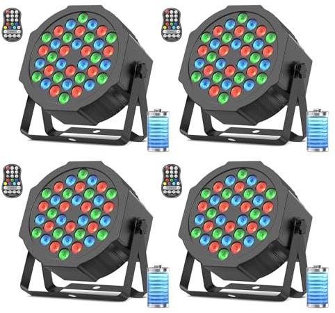 DayFlicker Led Strahler Akku, 4 Stück 36 RGB LED Par Bühnenlicht LED Akku Strahler mit DMX und Fernbedienung, Discolicht Partylicht Scheinwerfer für Disco DJ Halloween Weihnachten