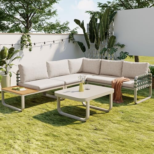 Oslghy Conjunto jardín Exterior, Mueble de Jardín 4 Piezas, Juego de Salón de Jardín, Conjunto Terraza de Balcón Lounge para 4-5 Personas (Cream)