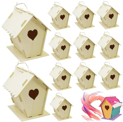 Kit di 12 casette per uccelli, fai da te, in legno non verniciato, a forma di cuore e recinzione, con gancio per appenderlo, 10,2 x 10,9 x 14 cm, piccole scatole per nidificazione per adulti e bambini