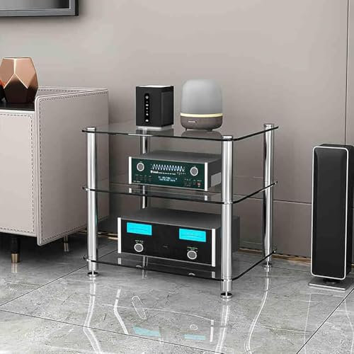 MegLob Soporte De Consola De Vidrio Templado, Soporte De Medios AV De Servicio Pesado, Gran Estante De Torres De Audio Profesional, Estante De Consola De Videojuegos,Transparent 3 tiers