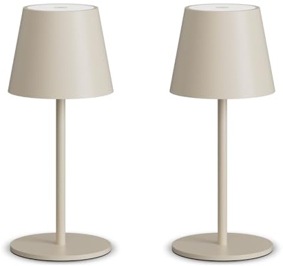 lundwa Dimmbare led akku tischleuchte Beige 26CM, 5000mAh(5V 2A) (2 Stück) | camping lampe akku aufladbar,3W 3000K tischleuchte kabellos, IP54 Outdoor Tischlampe für Restaurant, Schlafzimmer, Bar