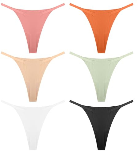 6 Pack Seamless Women's Thong Underwear, Ice Silk Thongs for Women, No Show Women's Fitness Thongs, Low Rise Breathable G String Thongs for Women (UK, Alpha, S, Regular, Regular, 6 colors, one each)