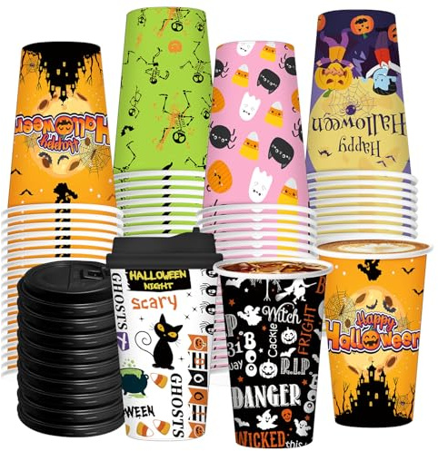 96 Pcs 48 Sets Halloween Disposable Coffee Cups 12oz Disposable Paper Cups with Lids,6 Halloween Styles for Coffee, Snacks, Hot and Cold Drinks, Trick or Treat Party Cosplay Party Decoration Supplies