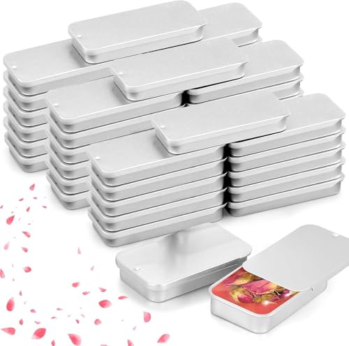 100 Pcs Small Metal Tins with Lids Slide Top Tin Containers Rectangular Mini Storage Boxes for Candy Jewelry Crafts, 80 x 34 x 12 mm