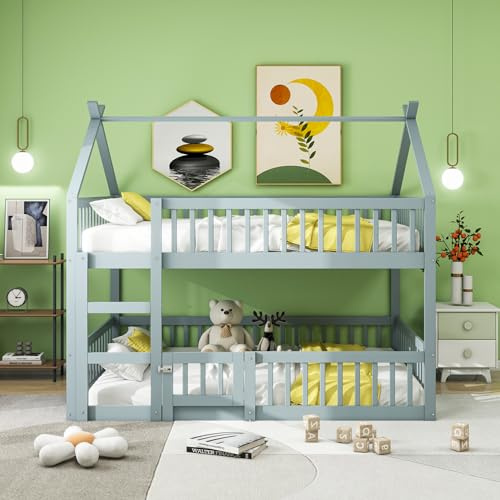 Etagenbett 140x200 cm, Kinderbett Massivholz Doppelbett, Familienbett für 2 Kinder, Hochbett mit Rausfallschutz, Stockbett mit 1 Lattenrost, Jugendbett Spielbett, ohne Matratze (Grau, 140x200Cm)