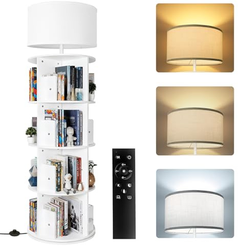 GOOGO 5 Böden Drehbares Bücherregal mit Licht, 360° Bücherregal Drehbar mit Fernbedienung und Fußschalter, 3 Farbtemperaturanpassung, Bücherturm für Kinderzimmer, Schlafzimmer, Wohnzimmer (Weiß)