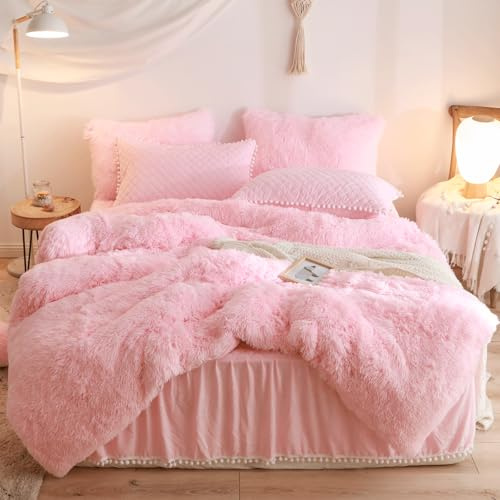 HAIHUA Fluffy Pink Comforter Cover Full Size Set, Soft Furry Plush Pink Bedding Full Size 3 Pieces (1 Fuzzy Duvet Cover + 2 Faux Fur Pillow Cases) Fluffy Bed Set, Zipper Closure