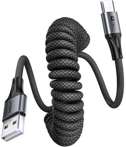 SUNGUY Cavo a spirale USB, confezione da 2, 1,8 m [retrattile: 0,5-1,0 m] Cavo intrecciato da USB-A a C per Android Auto, CarPlay, iPhone 16/15 Plus Pro, Galaxy S25, MacBook, Google Pixel