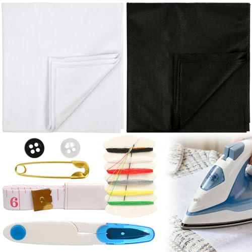 2 pieces 200 x 100 cm ironing fleece for reinforcement, iron-on insert, lightweight non-woven fabric with 1.5 m roll, scissors, sewing kit for creases, sewing craft, reinforced clothing, black and