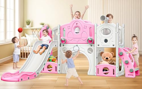 Kinder Rutsche: Kleinkind Rutsche mit Basketballkorb, Kletterer Rutsches Spielset, Spielzeug für Kleinkinder 1-3 Jahre (Extra groß,Rosa)